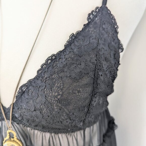 VTG 00s Y2K Black Sheer Mesh Ruffle Tiered Floral Lace Flowy Babydoll Slip Dress - Picture 4 of 5